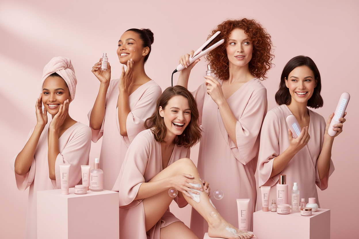 Create a photo of 5 different women using different beauty products and holding them. One of them has a turban around her wet hair while touching her head, the second one is using a serum on her face, the third one is styling her hair, the fourth one is benched over and cleaning her feet with a product, and the fifth is holding a beauty device on her hand. The whole background is a light pink and all of the women are wearing light pink outfits as well. They are all smiling and very happy.